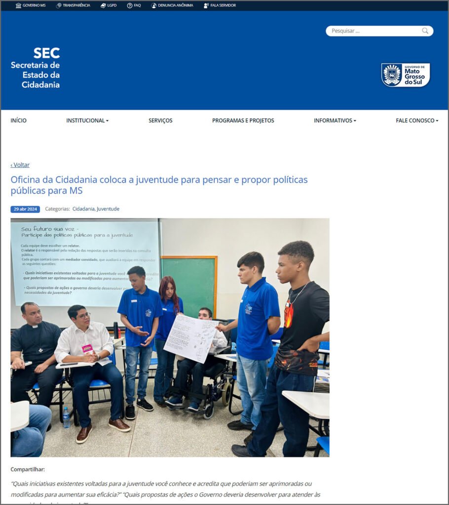 SEC-MS: Oficina da Cidadania coloca a juventude para pensar e propor políticas públicas para MS